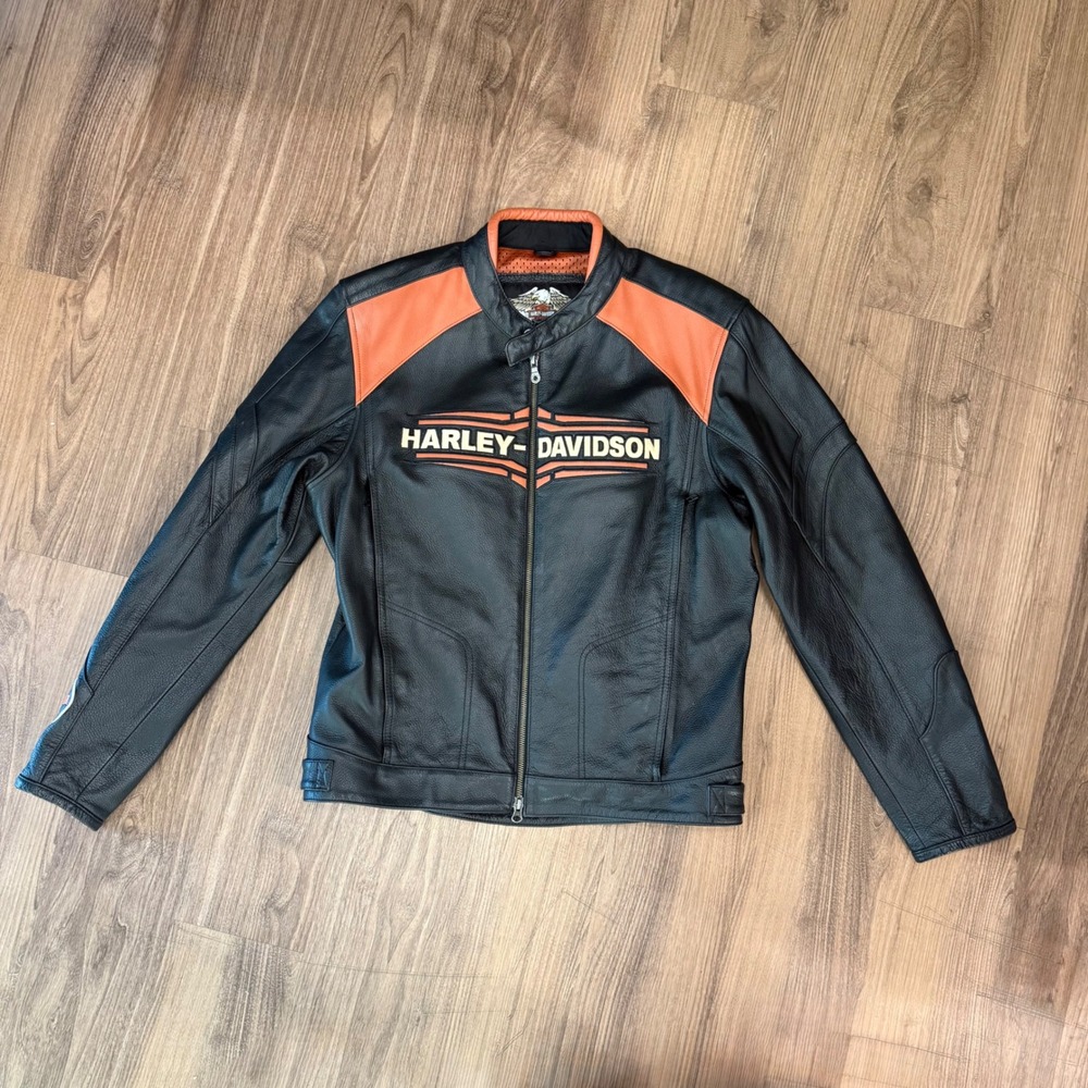 Harley-Davidson Mens Black Orange Genuine Leather Motorcycle Riding Jacket M